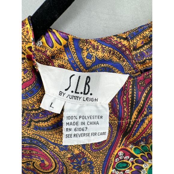 90s Vintage Top Womens Large Yellow Paisley Satin Boho Psychedelic Bohemian - Picture 2 of 8